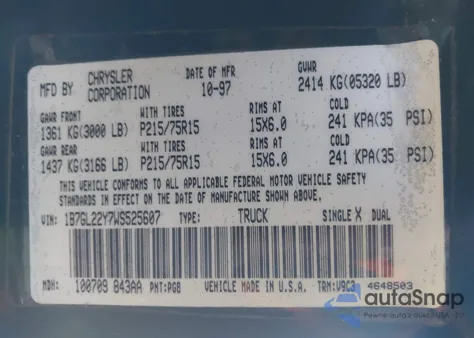 1998 Dodge Dakota Slt/Sport z USA, uszkodzony, nr VIN 1B7GL22Y7WS525607